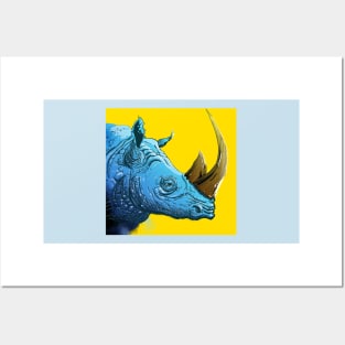 Blue Rhino on Yellow Background Posters and Art